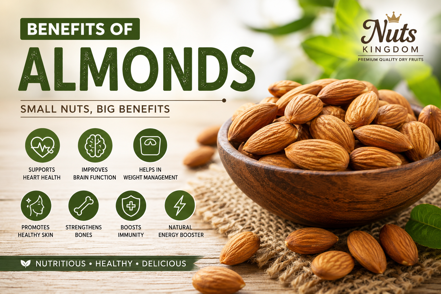 Benefits of Almonds: 20 Science-Backed Reasons to Eat Almonds Every Day 1 Benefits of almonds showing healthy raw almonds for heart health, brain function, weight management, and overall wellness