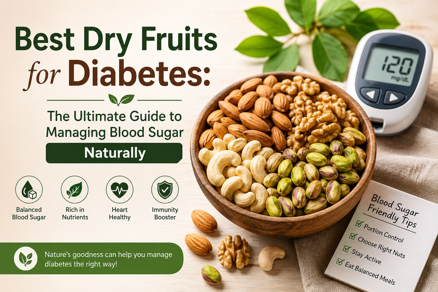 10 Best Dry Fruits for Diabetes (Science-Backed & Blood Sugar Friendly) 7 Best dry fruits for diabetes including almonds, walnuts, pistachios, chia seeds, flaxseeds, and dried berries for healthy blood sugar management