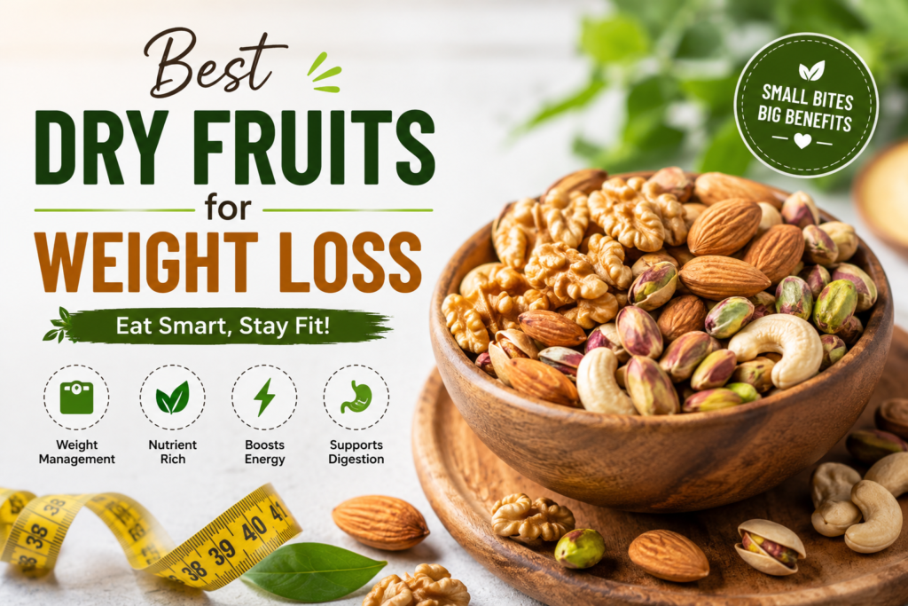 A bowl of healthy dry fruits including almonds, walnuts, pistachios, and cashews for weight loss and healthy eating.