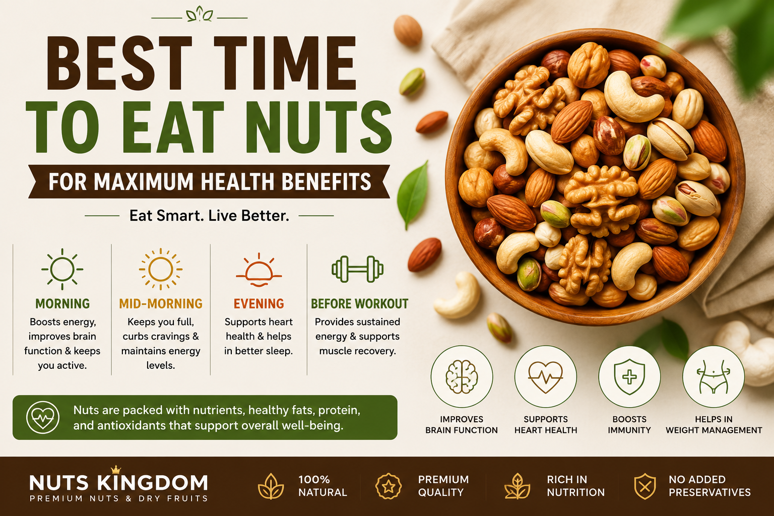 A healthy assortment of almonds, walnuts, pistachios, cashews, pecans, and hazelnuts served in wooden bowls for a nutritious daily snack.