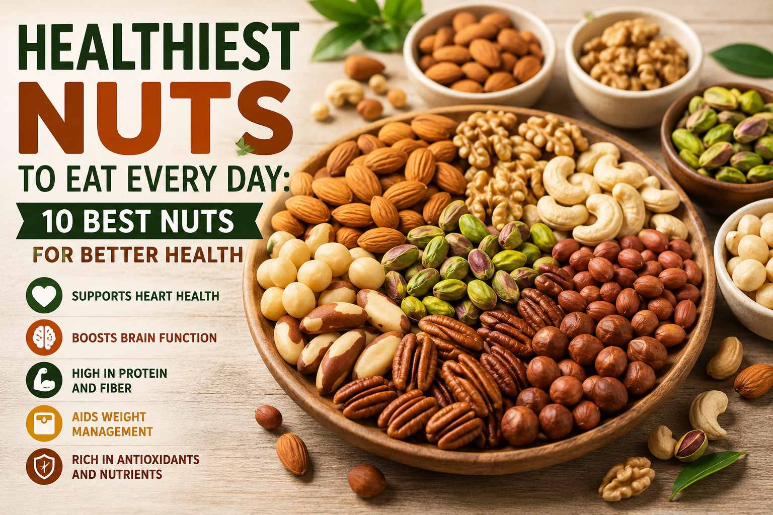 A bowl of healthy nuts including almonds, walnuts, pistachios, cashews, Brazil nuts, pecans, hazelnuts, macadamia nuts, and peanuts displayed for a healthy eating guide.