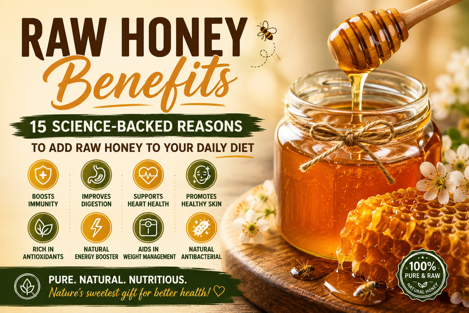 Raw Honey Benefits: 15 Science-Backed Reasons to Add Raw Honey to Your Daily Diet 2 A jar of raw honey with honeycomb and a wooden honey dipper, illustrating the health benefits of raw honey for immunity, digestion, heart health, and overall wellness.