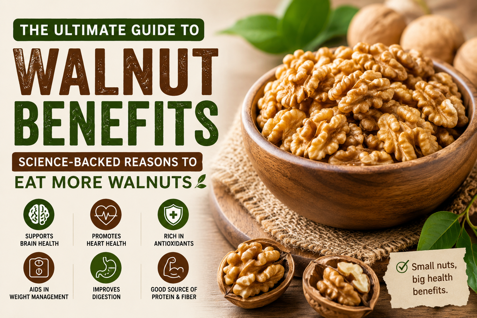 Walnut Benefits: 20 Science-Backed Health Benefits of Walnuts 5 Fresh walnut halves in a wooden bowl with whole walnuts, highlighting their healthy fats, omega-3 fatty acids, and nutrient-rich profile.
