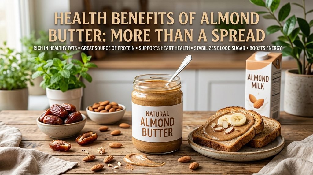 Benefits of almond butter with creamy almond butter, whole almonds and healthy foods.