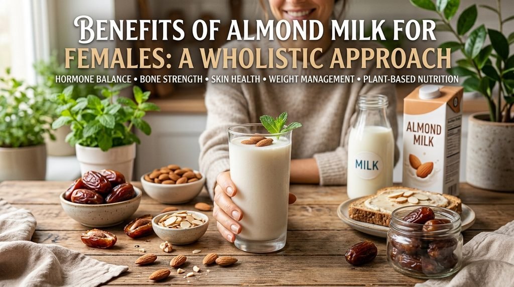Benefits of almond milk for females with a glass of almond milk and almonds.