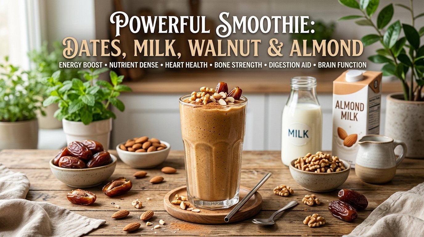 Dates milk walnut and almond smoothie in a glass with fresh dates almonds and walnuts.