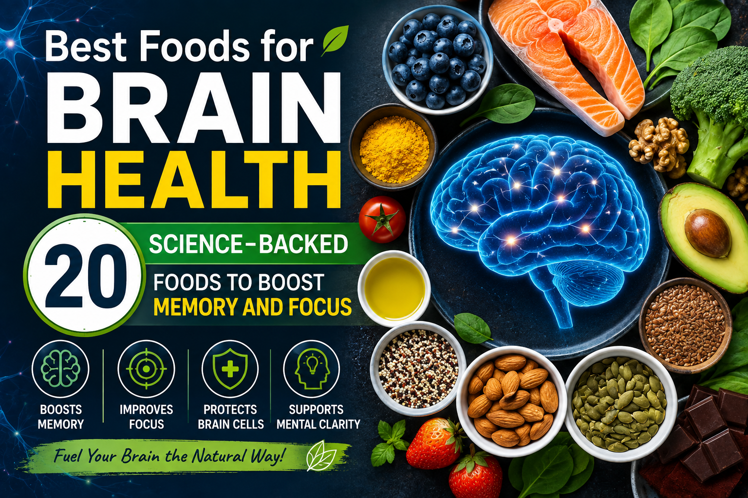 A colorful assortment of brain-healthy foods including walnuts, blueberries, salmon, eggs, leafy greens, avocado, almonds, pumpkin seeds, and dark chocolate.