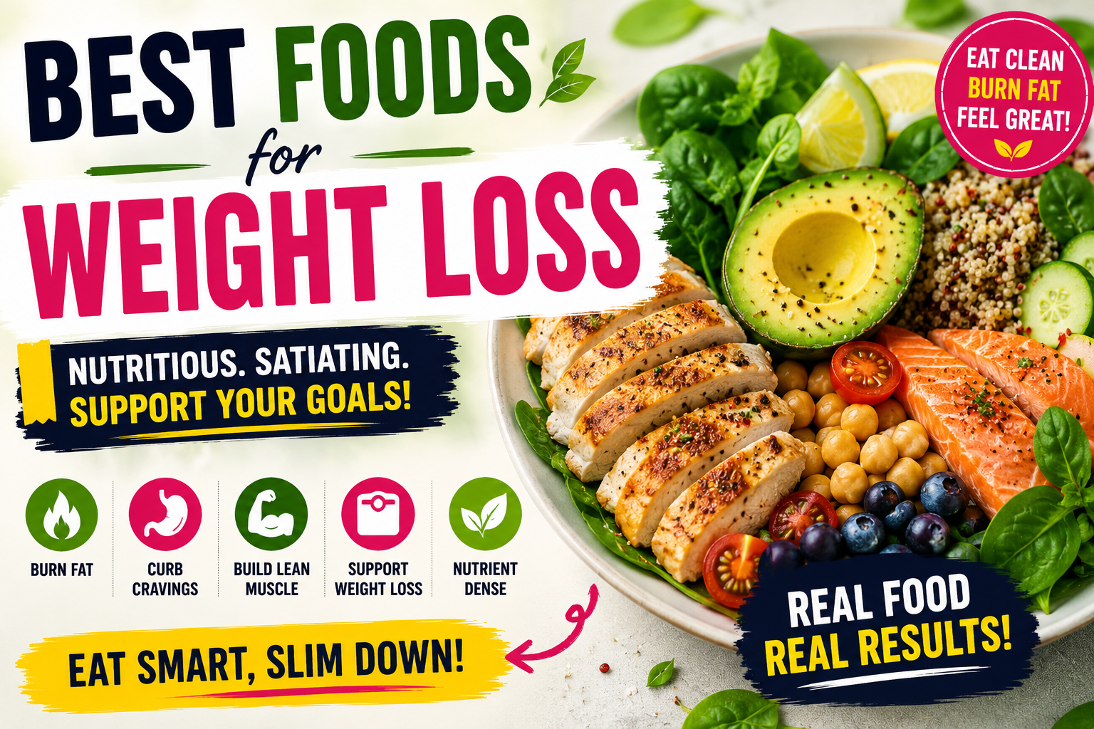 Best foods for weight loss including eggs, vegetables, berries, chicken, fish, beans, oats, avocado, and nuts
