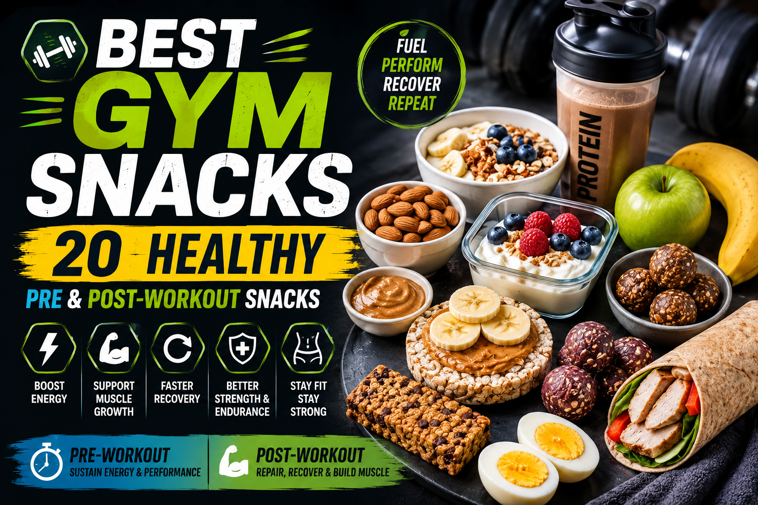 A healthy selection of gym snacks including bananas, Greek yogurt, almonds, walnuts, oatmeal, protein smoothie, eggs, avocado toast, and Medjool dates.
