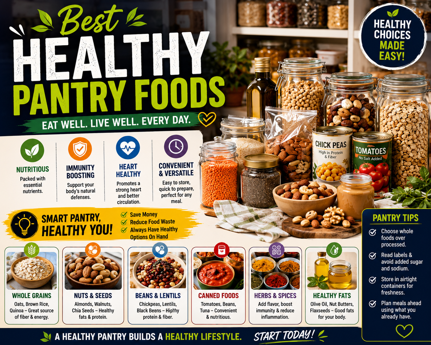 Best healthy pantry foods including oats beans lentils nuts seeds whole grains and canned vegetables