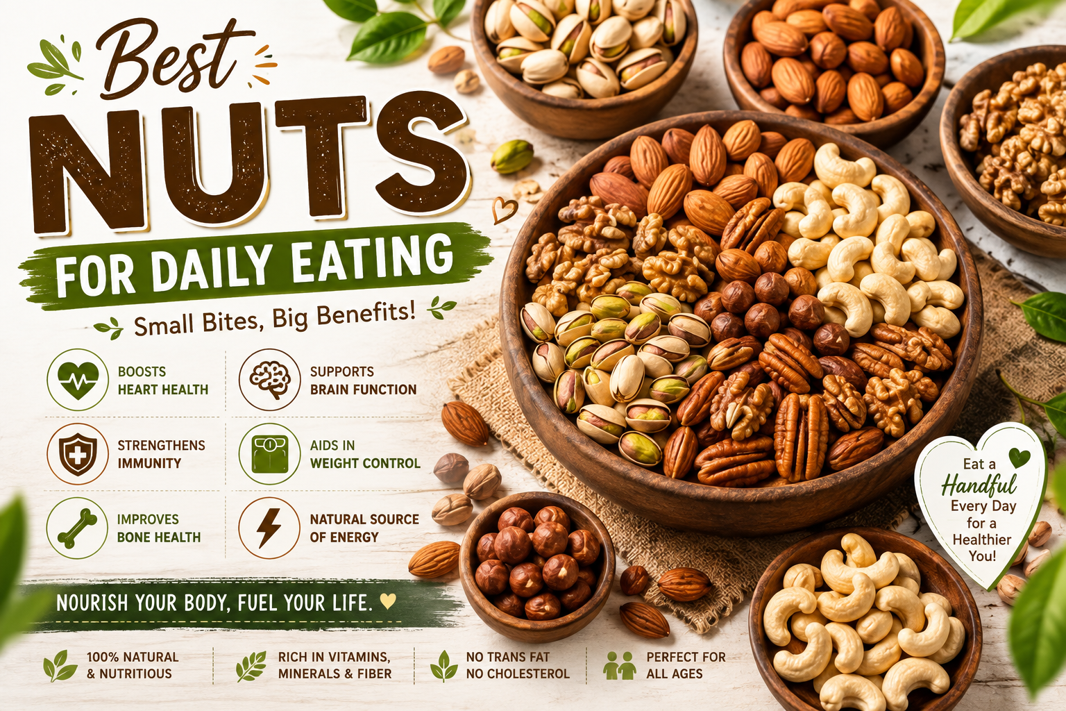 Best nuts for daily eating including almonds, walnuts, pistachios, cashews, pecans, and other healthy nuts