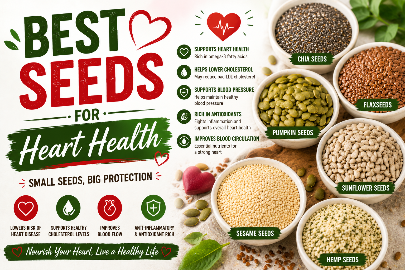 Best Seeds for Heart Health: 10 Healthy Seeds to Support Your Heart 8 Best seeds for heart health including chia flax pumpkin hemp sunflower and sesame seeds