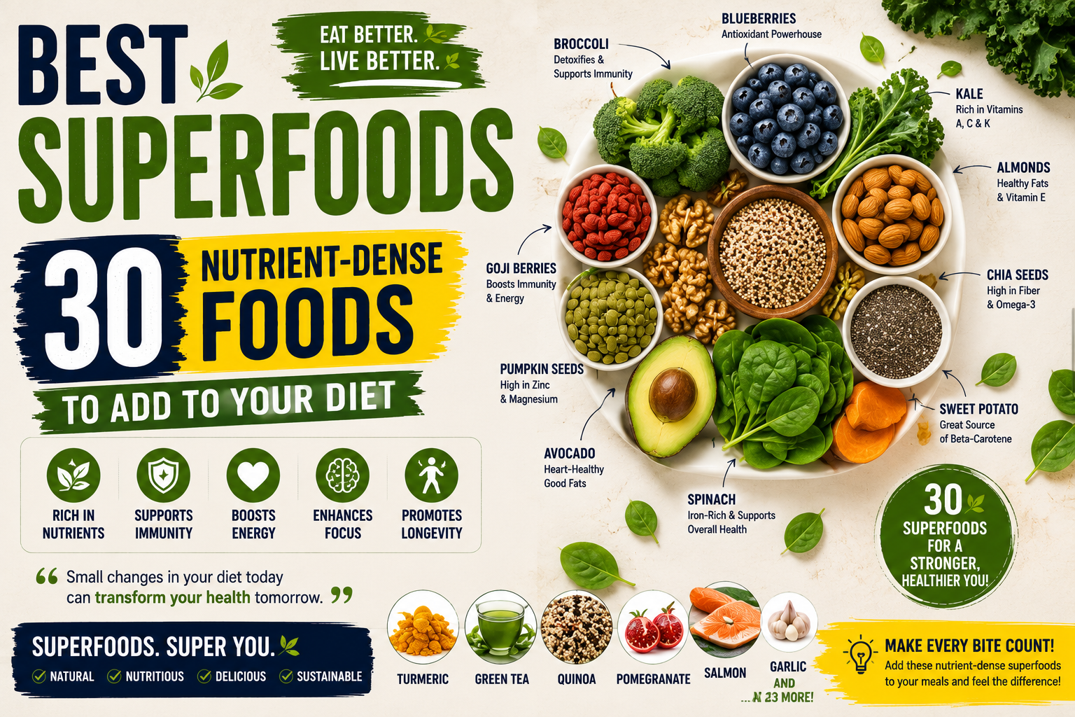Best superfoods including berries, spinach, salmon, walnuts, avocado, eggs, chia seeds and vegetables