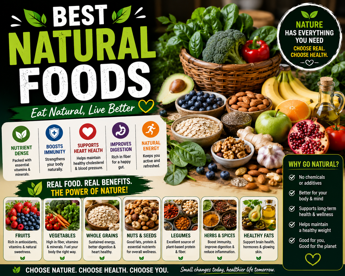 Best natural foods including fresh fruits vegetables nuts seeds whole grains lentils eggs and salmon
