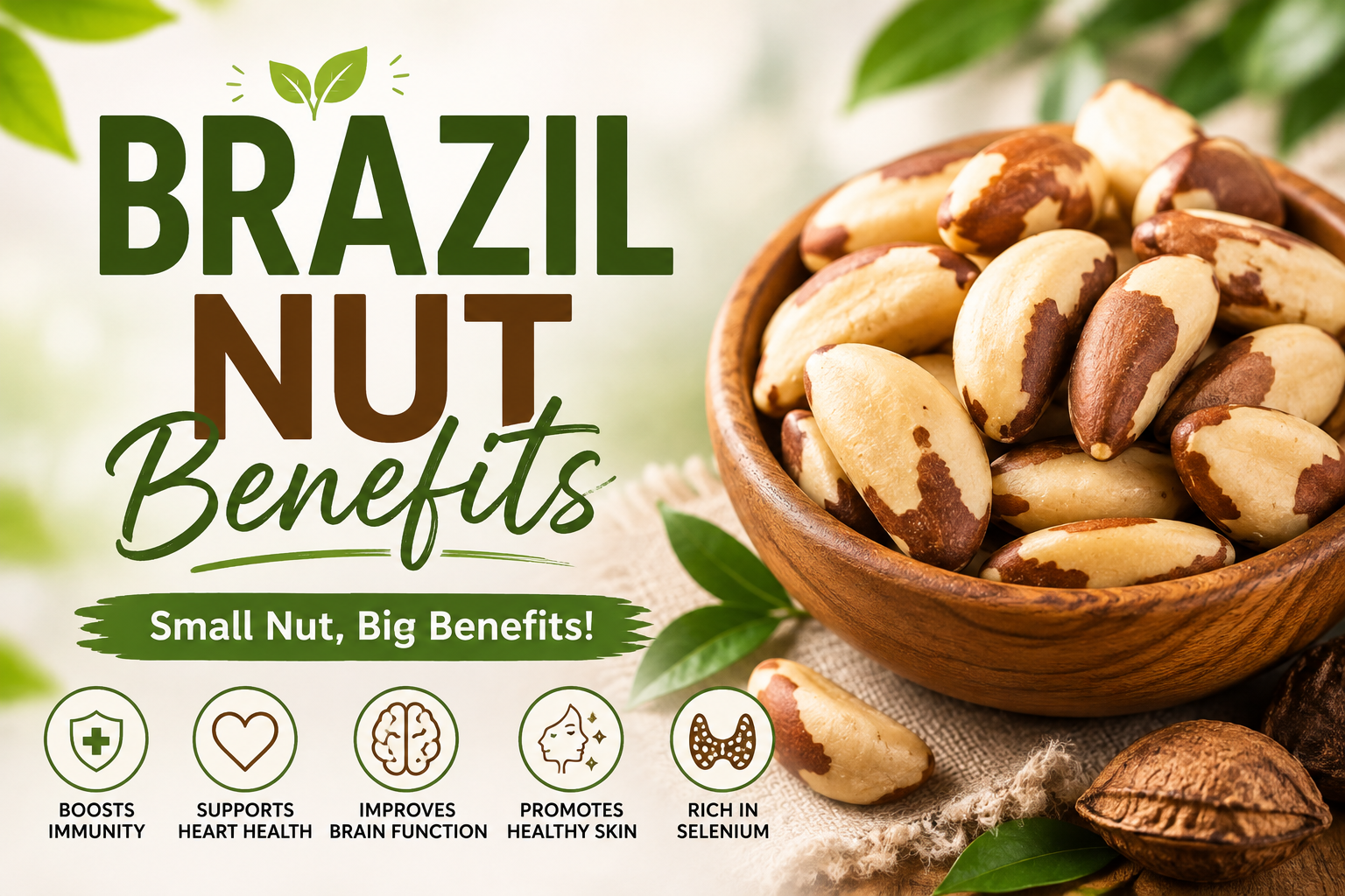 Brazil nuts in a wooden bowl with health benefits including selenium, heart health, brain function, immunity, and healthy skin