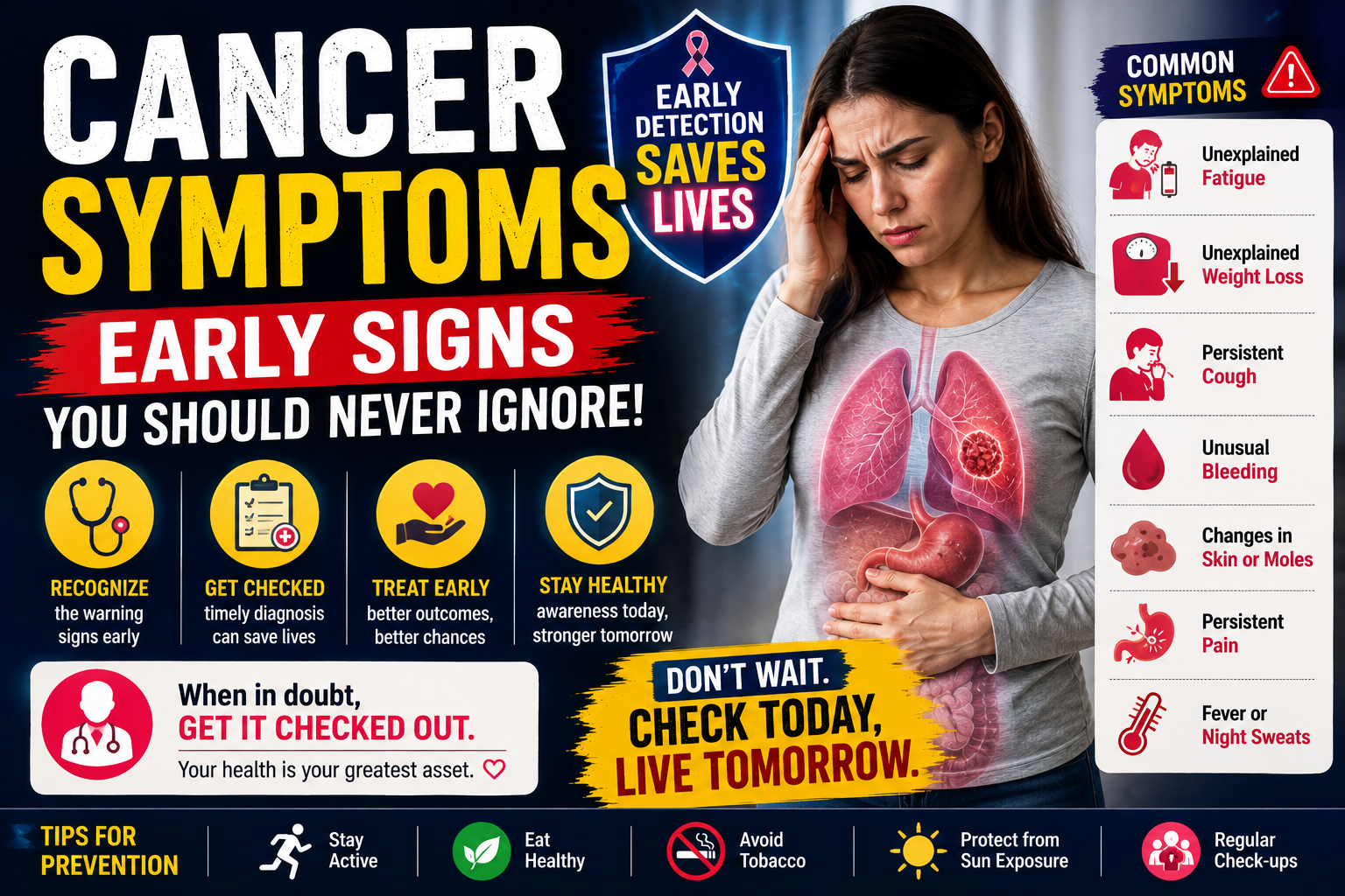Cancer symptoms and common warning signs infographic.