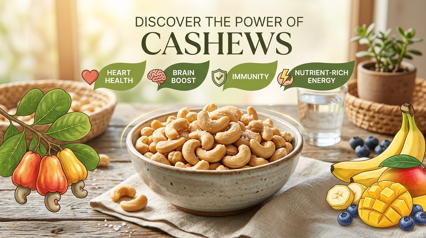 Cashew benefits with a bowl of cashews alongside fruits nuts and healthy foods