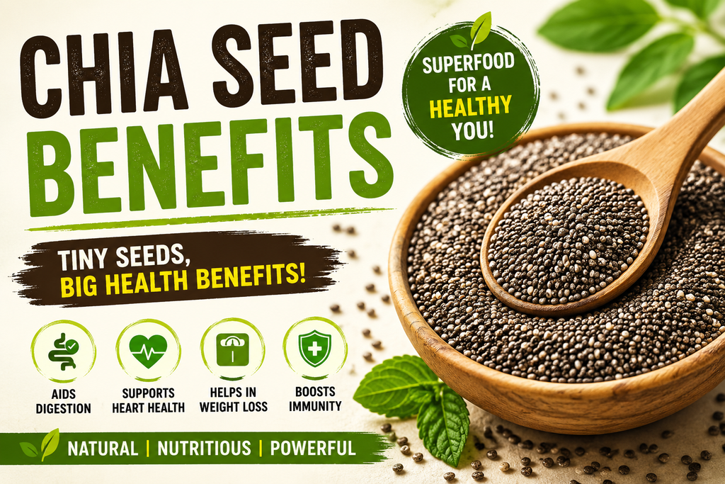 Chia seed benefits with chia seeds in a bowl alongside berries and healthy foods.