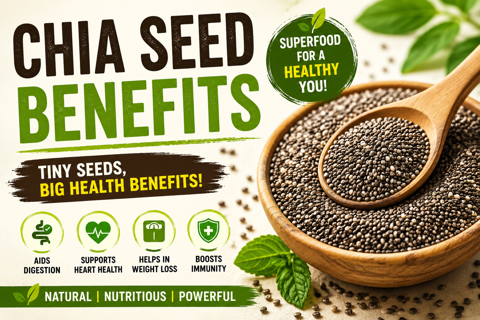 Chia seed benefits with chia seeds in a bowl alongside berries and healthy foods.