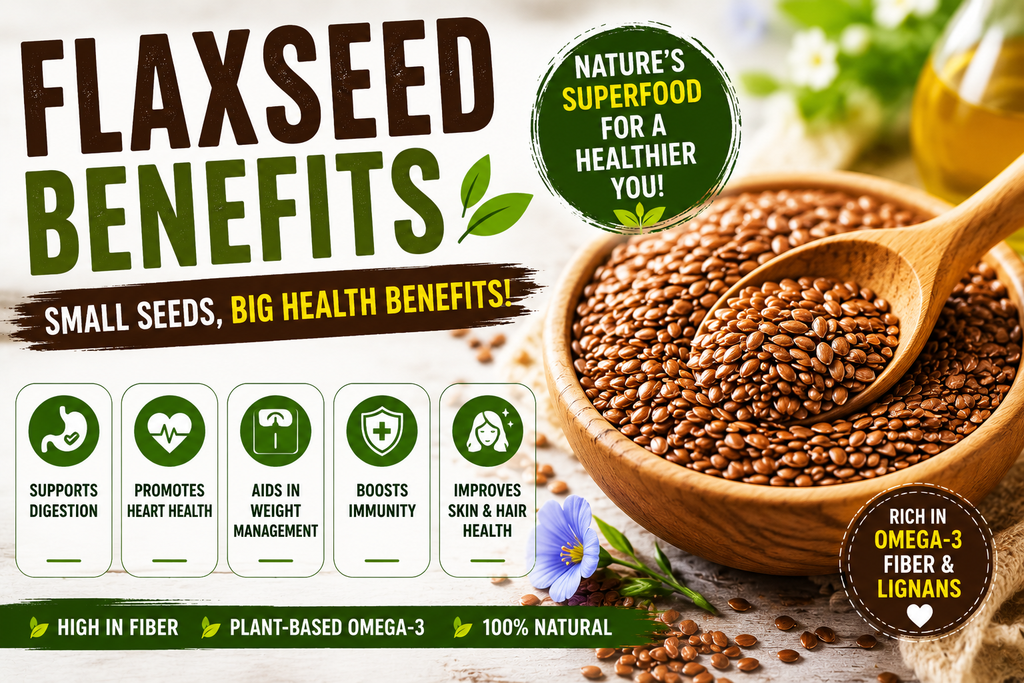 Flaxseed benefits with ground flaxseeds and whole flaxseeds in a bowl.