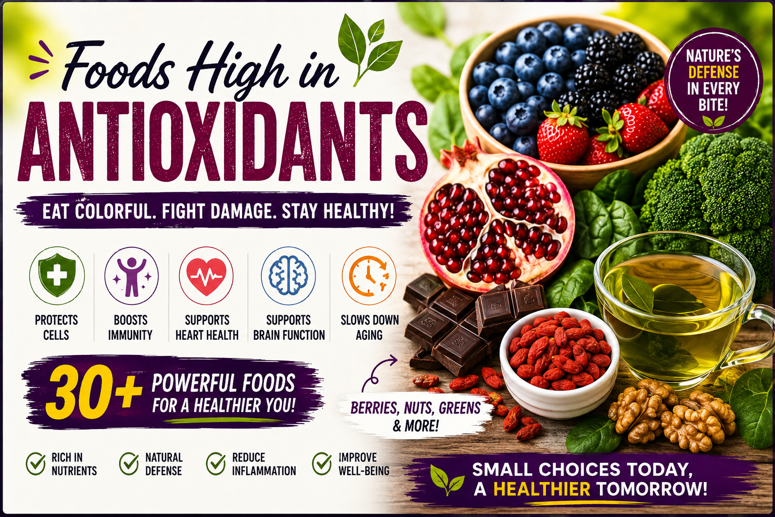 Foods high in antioxidants including berries, vegetables, nuts, seeds, green tea, and dark chocolate