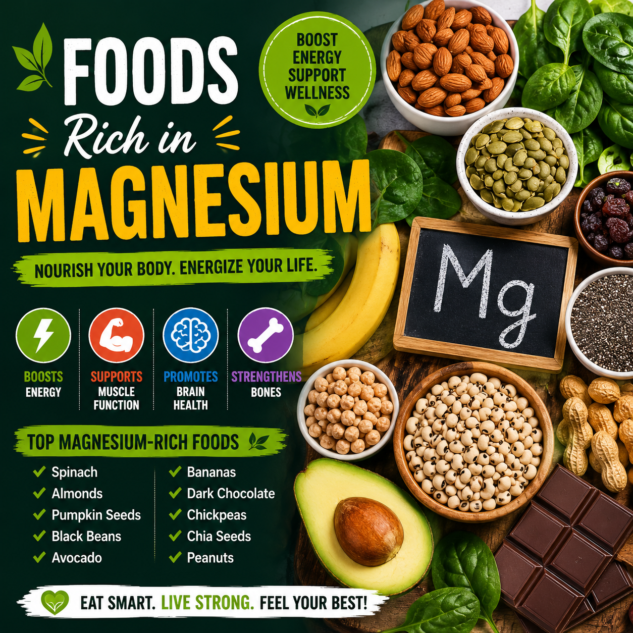 Foods rich in magnesium including pumpkin seeds, almonds, spinach, beans, oats, avocado, and whole grains