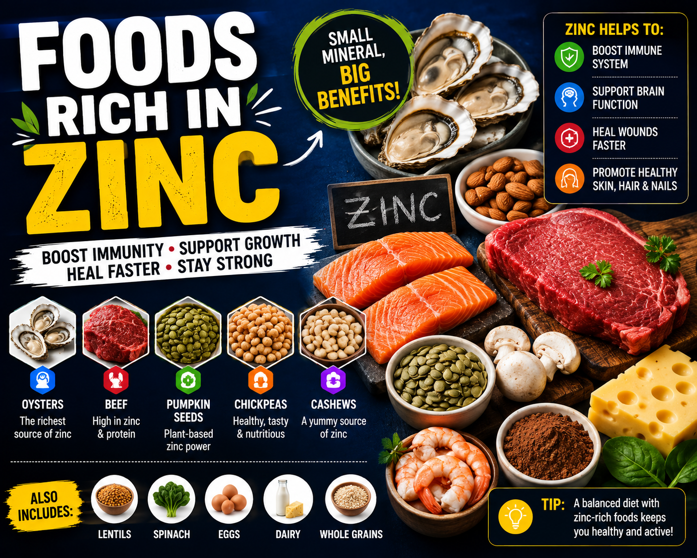 Foods rich in zinc including oysters beef pumpkin seeds nuts beans and dairy.