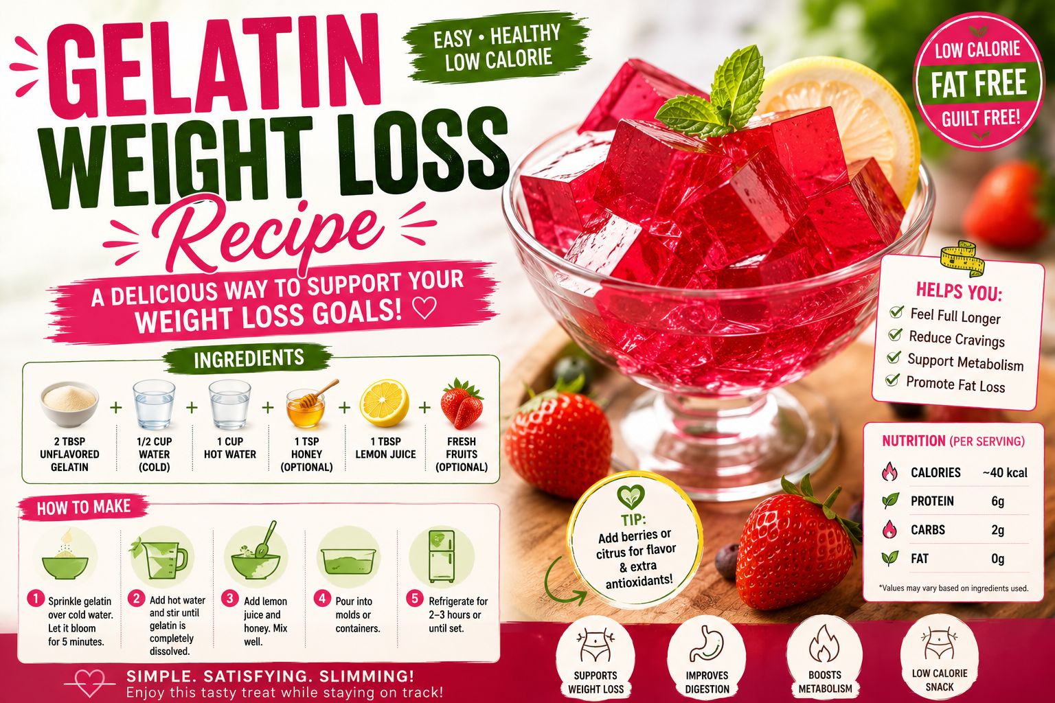 Healthy gelatin weight loss recipe made with low-calorie ingredients