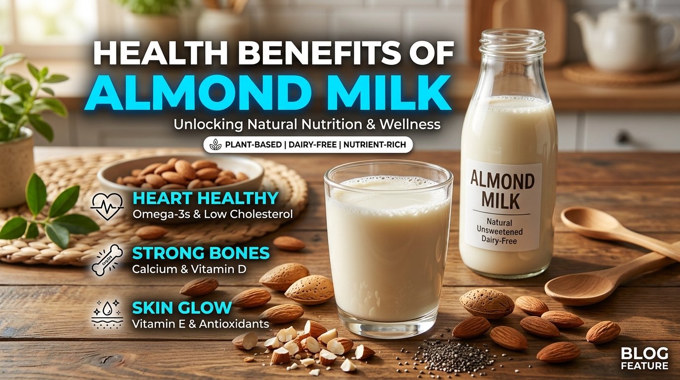 Health benefits of almond milk with a glass of almond milk and fresh almonds.