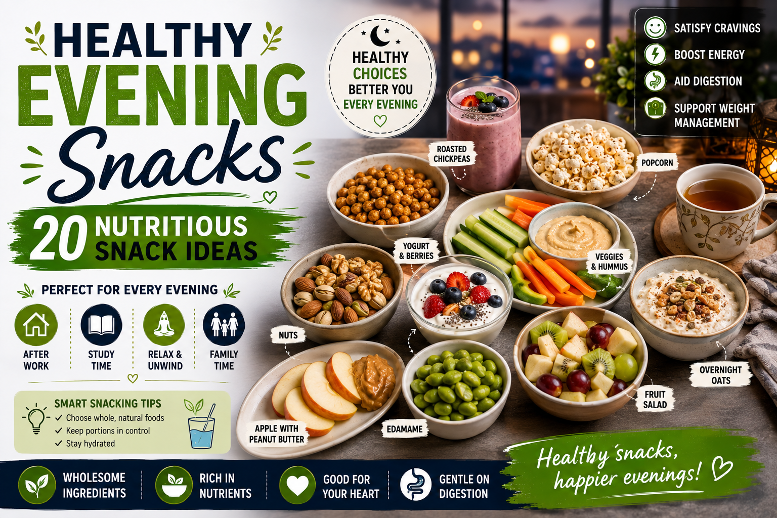 A healthy assortment of evening snacks including Greek yogurt with berries, mixed nuts, cottage cheese, boiled eggs, hummus with vegetables, oatmeal, edamame, fruit, avocado toast, and popcorn.
