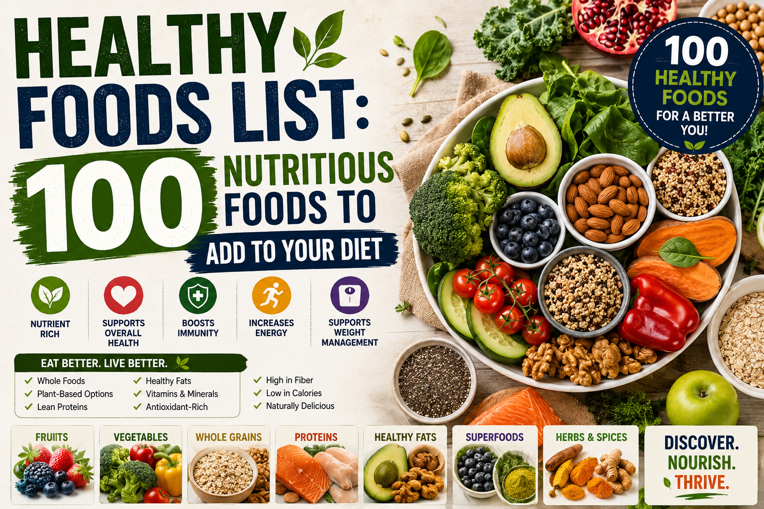 100 healthy foods including fruits, vegetables, whole grains, beans, nuts, seeds, fish, eggs, and yogurt.