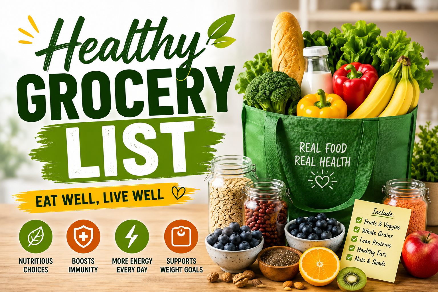 Healthy Grocery List with Fresh Fruits, Vegetables, Whole Grains, Nuts and Healthy Foods