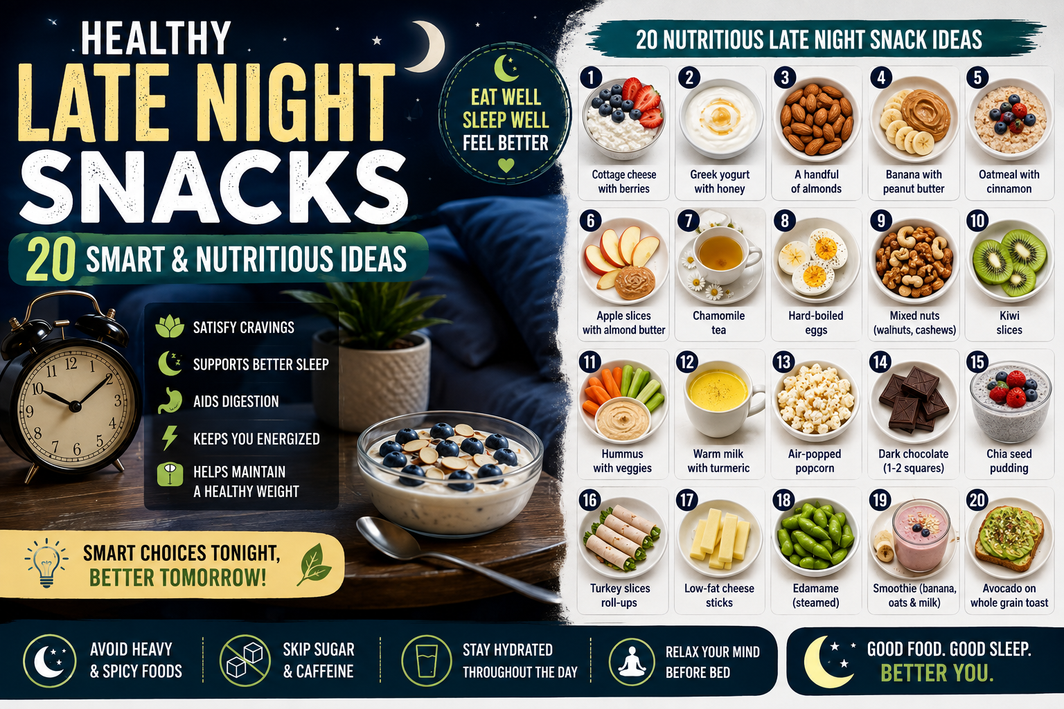 A healthy assortment of late-night snacks including Greek yogurt with berries, cottage cheese, oatmeal, mixed nuts, hummus with vegetables, apples, bananas, kiwi, boiled eggs, popcorn, and edamame.