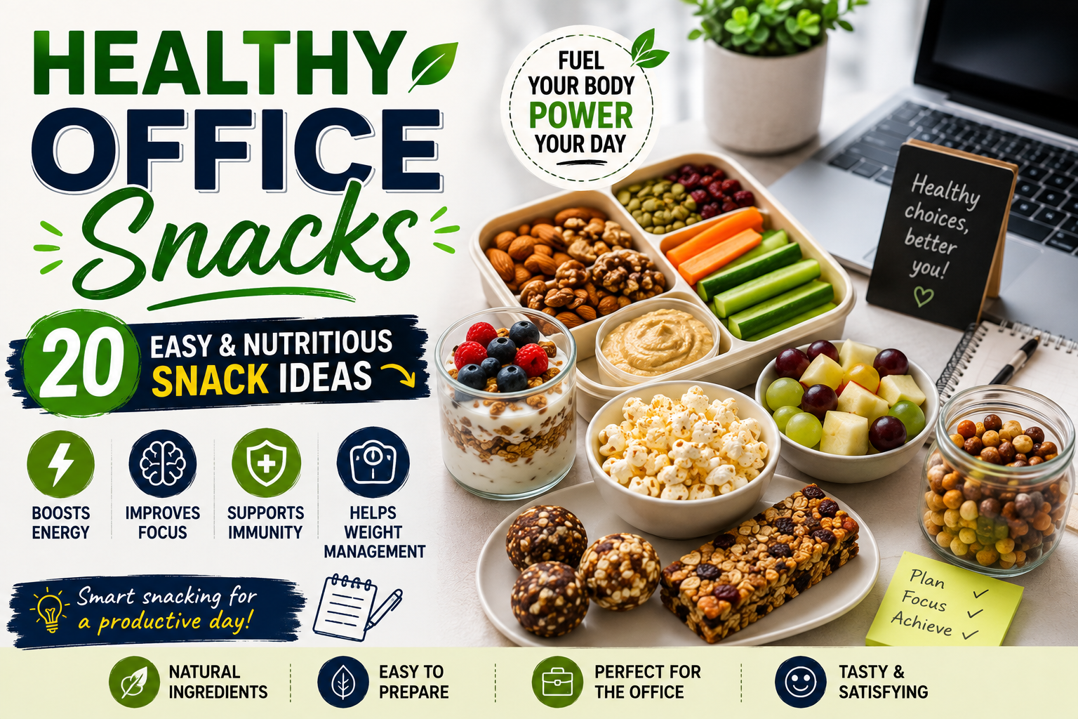 A healthy office snack spread featuring mixed nuts, fresh fruit, Greek yogurt, hummus with vegetables, oatmeal, hard-boiled eggs, whole-grain crackers, avocado toast, and chia pudding.
