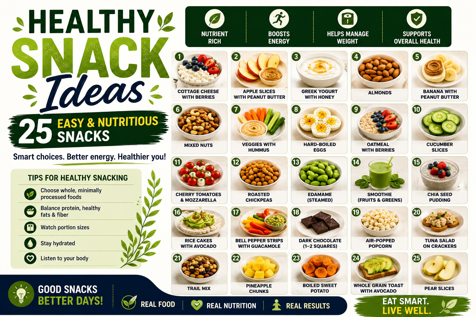 A colorful assortment of healthy snacks including Greek yogurt with berries, mixed nuts, oatmeal, hummus with vegetables, cottage cheese, fruit, avocado toast, popcorn, edamame, and whole-grain crackers.