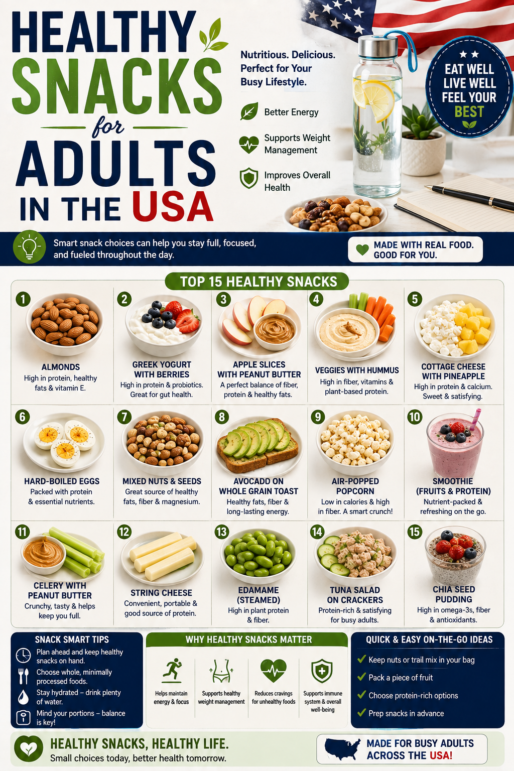 Healthy snacks for adults in the USA including nuts, fruit, Greek yogurt, vegetables and hummus