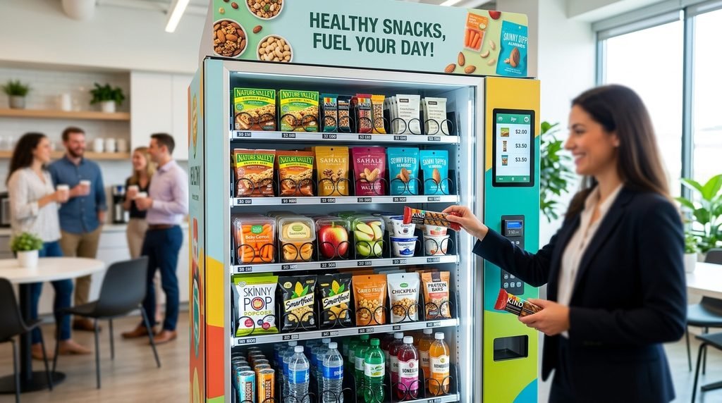 Healthy vending machine snacks including nuts fruit yogurt and whole grain foods.