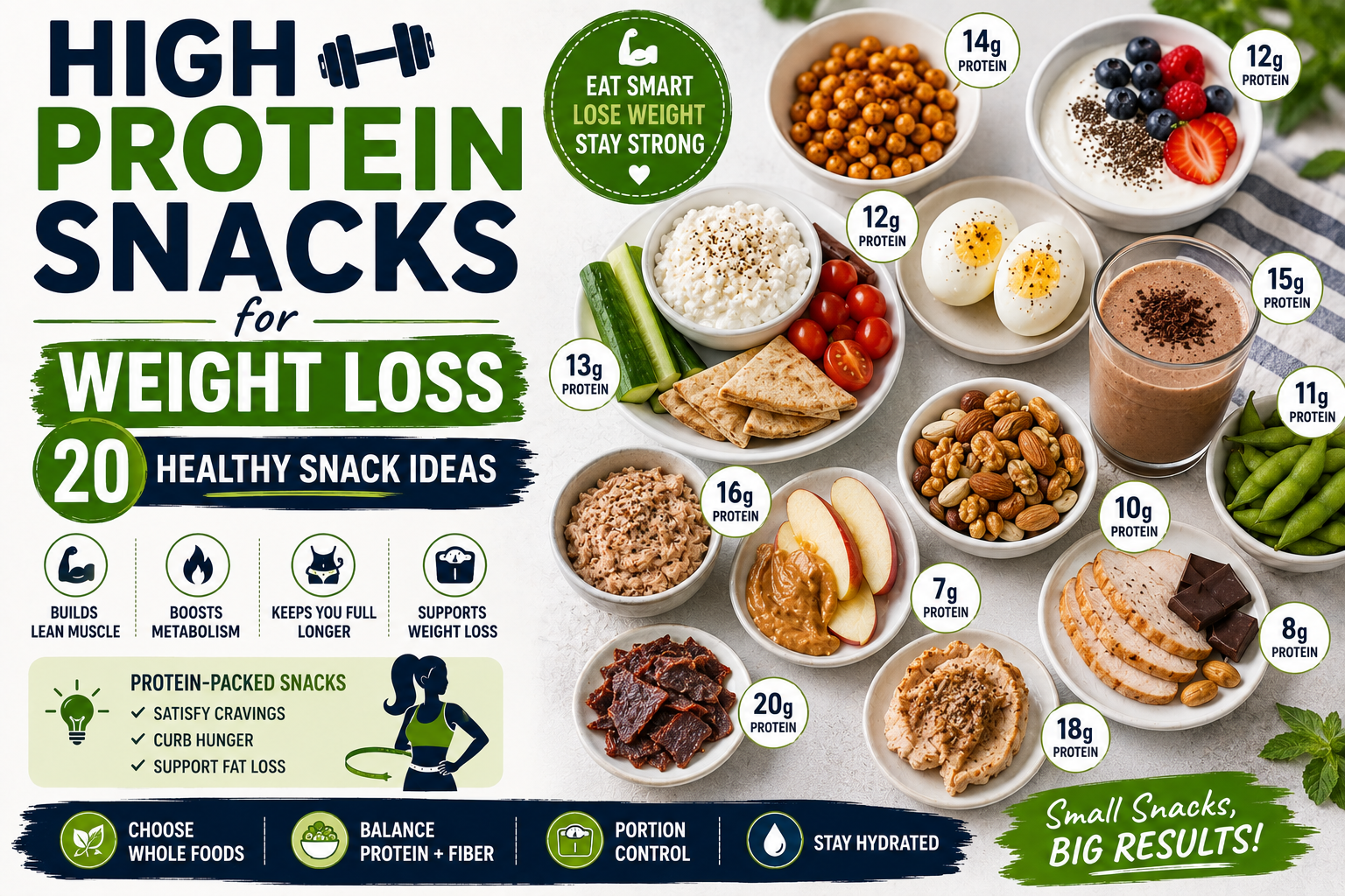A nutritious assortment of high-protein snacks including Greek yogurt, cottage cheese, boiled eggs, almonds, tuna, edamame, roasted chickpeas, salmon, chia pudding, and pumpkin seeds.