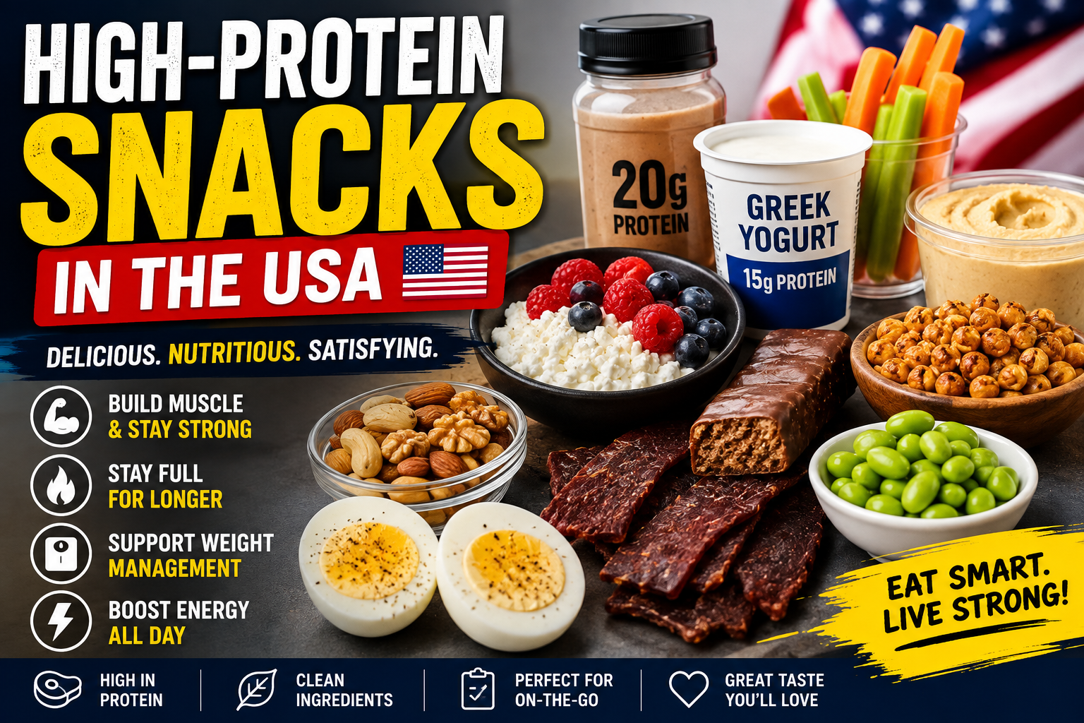 High-protein snacks in the USA including turkey, eggs, tuna, edamame, salmon, seeds and cottage cheese