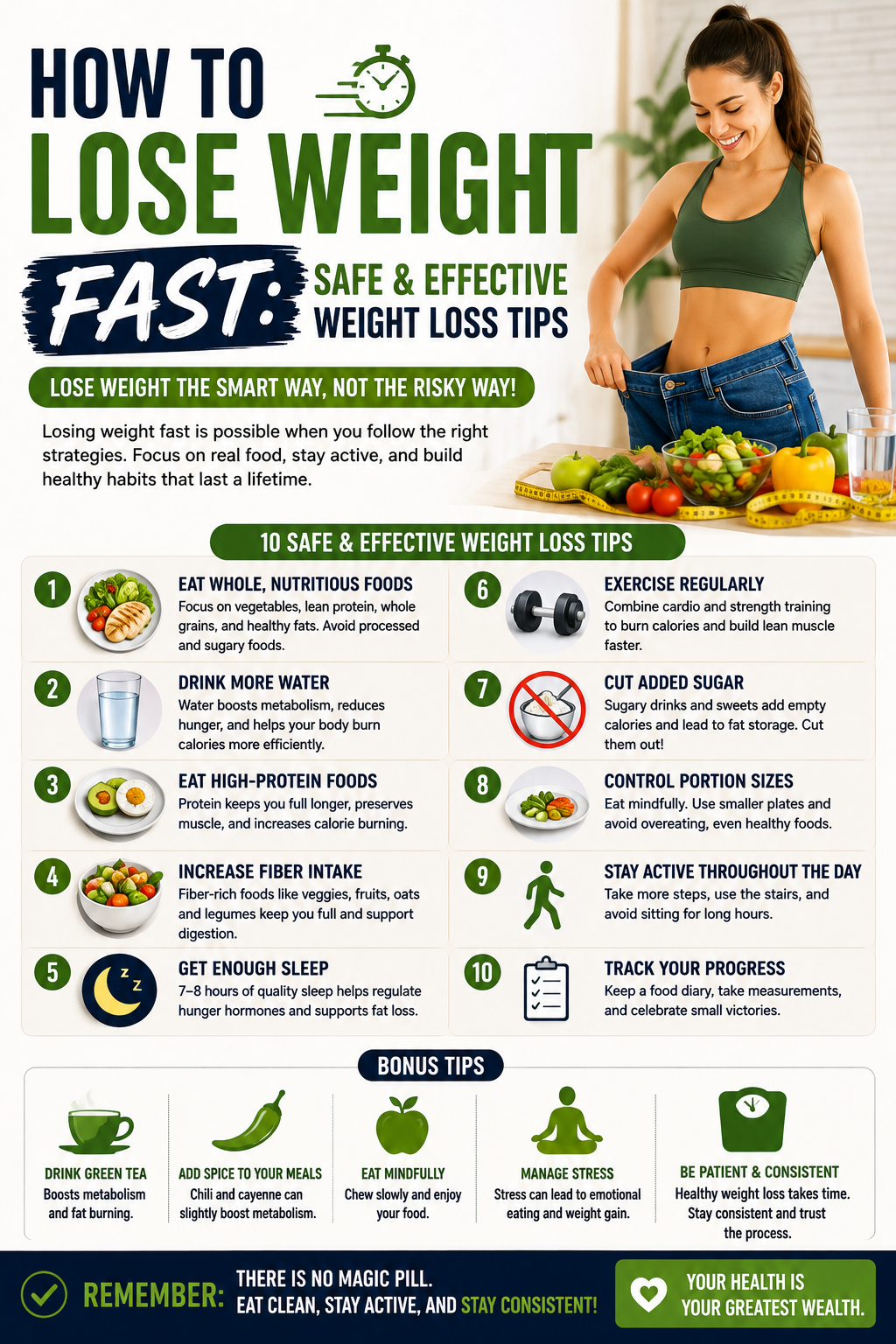 Healthy weight loss foods including vegetables, fruits, nuts, whole grains, and lean protein