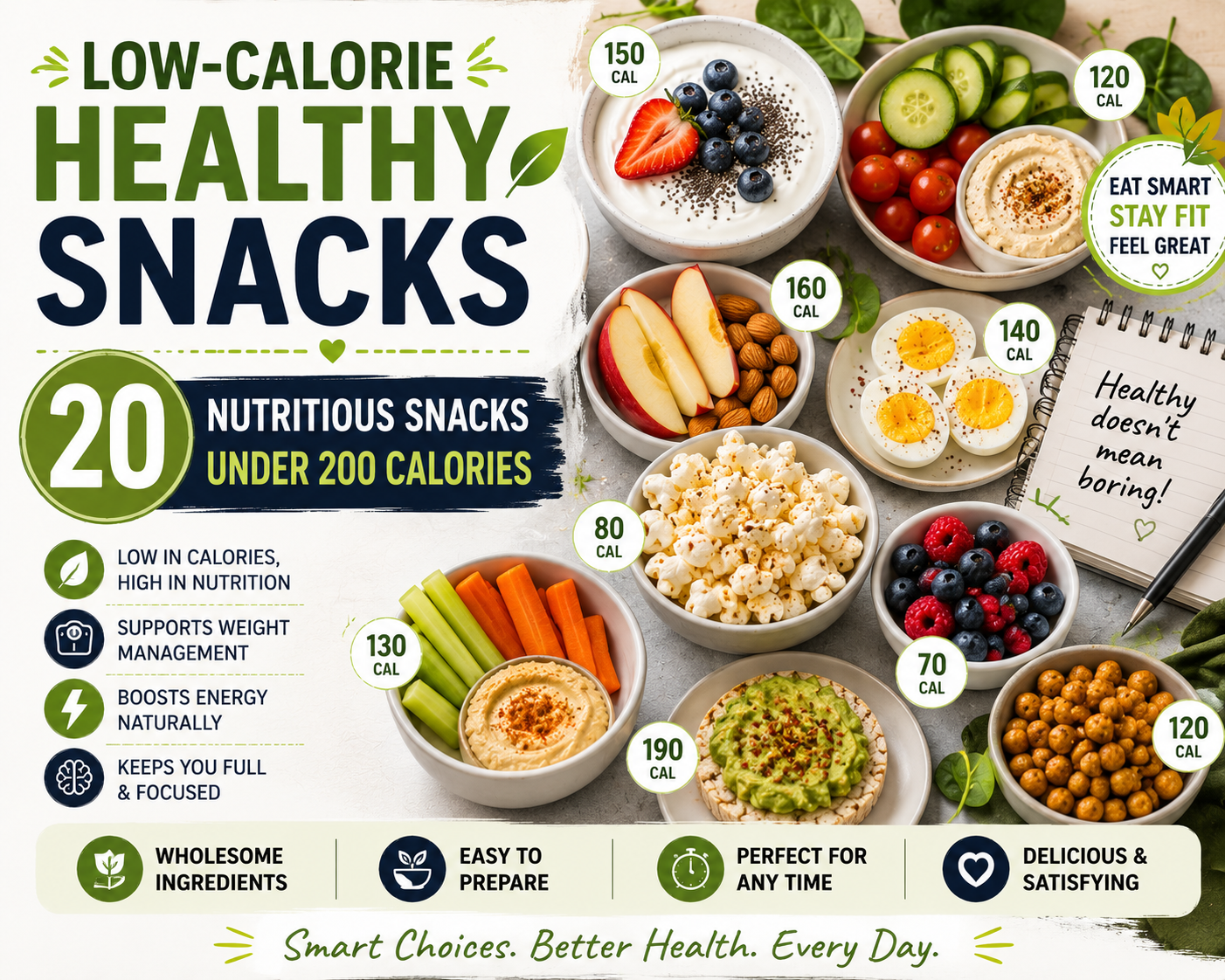Low-Calorie Healthy Snacks: 20 Nutritious Snacks Under 200 Calories 4 A colorful selection of low-calorie healthy snacks including Greek yogurt, berries, apples, carrots with hummus, air-popped popcorn, cottage cheese, boiled eggs, cucumbers, pears, and almonds.