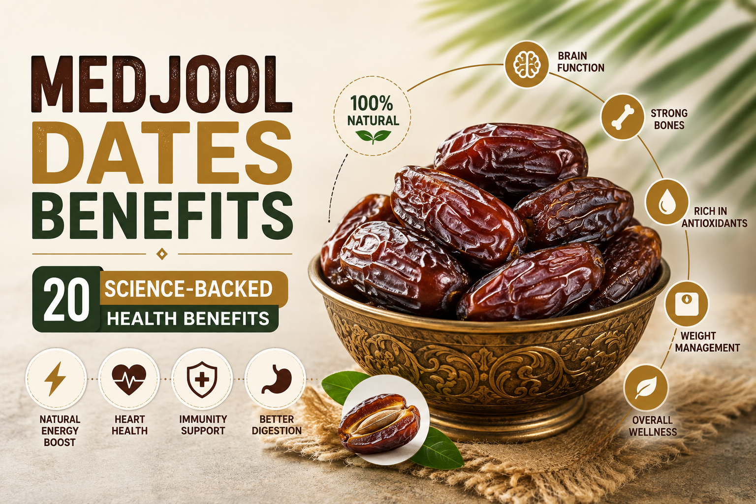 Medjool Dates Benefits: 20 Science-Backed Reasons to Eat Medjool Dates 2 Fresh Medjool dates arranged in a wooden bowl, highlighting their natural sweetness, fiber, antioxidants, and essential minerals.