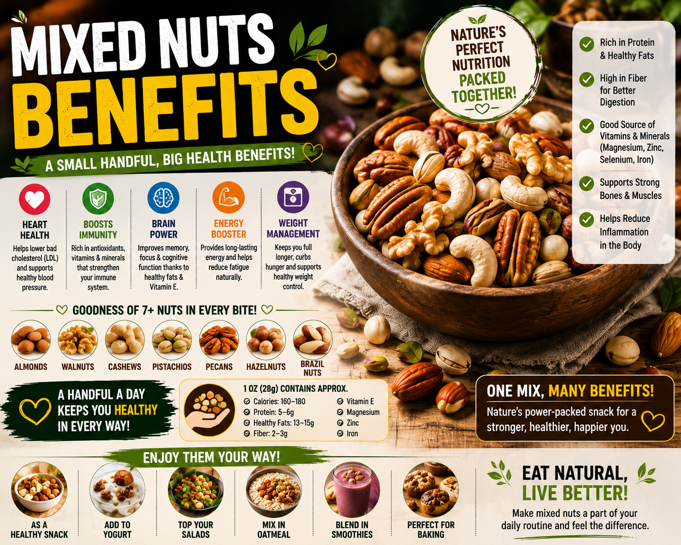 Mixed nuts benefits – healthy blend of almonds, walnuts, cashews, pistachios, and other nutrient-rich nuts