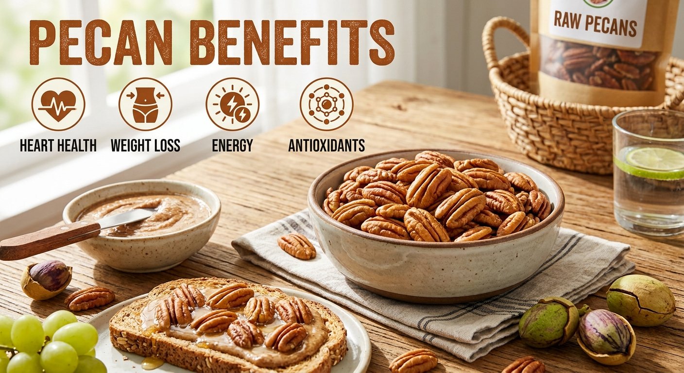Pecan benefits with fresh pecans and healthy foods on a table
