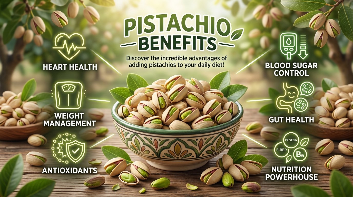 Pistachio benefits showing shelled pistachios in a bowl with healthy fruits and nuts