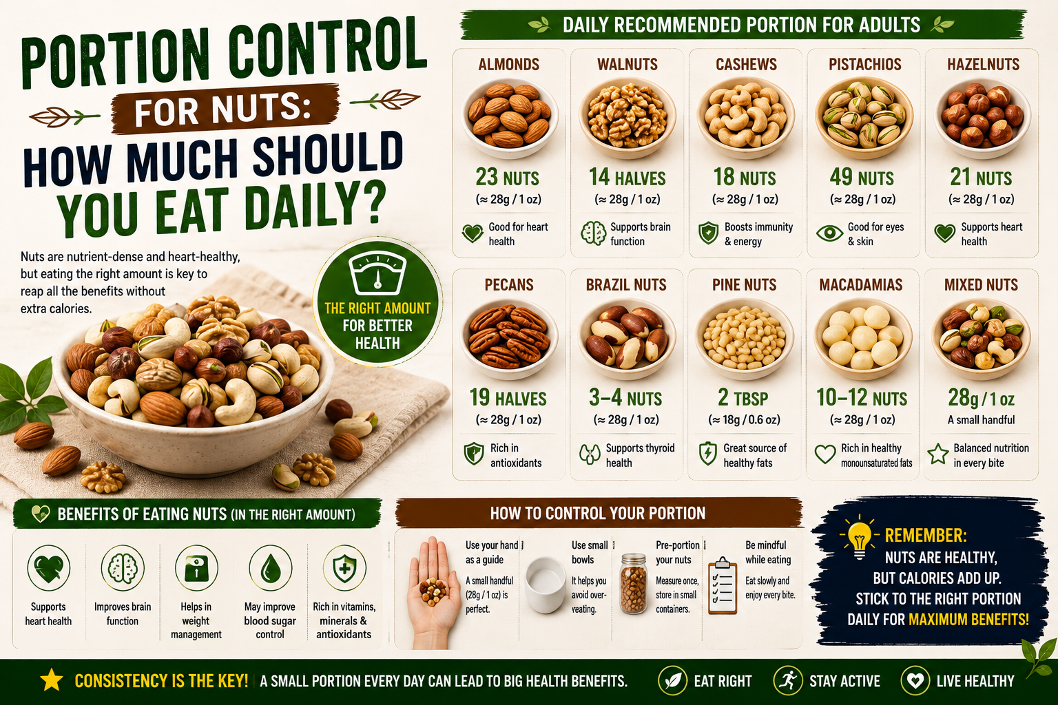 A selection of portion-controlled nuts including almonds, walnuts, pistachios, cashews, pecans, hazelnuts, and Brazil nuts measured into small serving bowls.