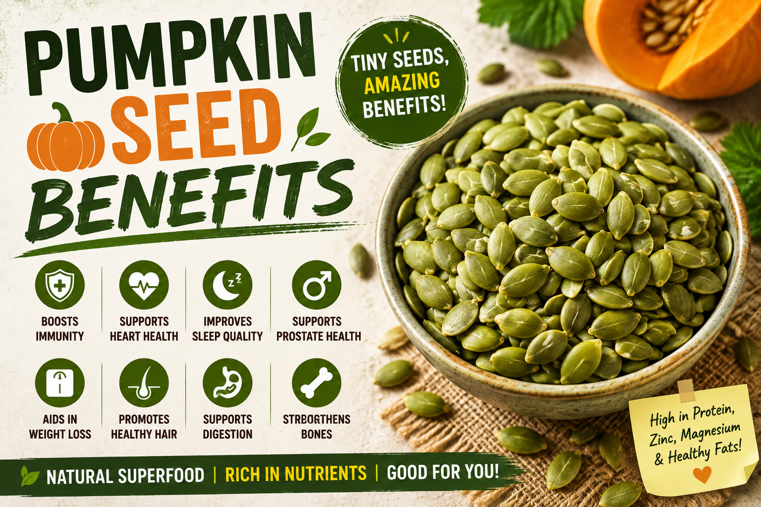 Pumpkin seed benefits with roasted pumpkin seeds in a bowl and fresh pumpkin.