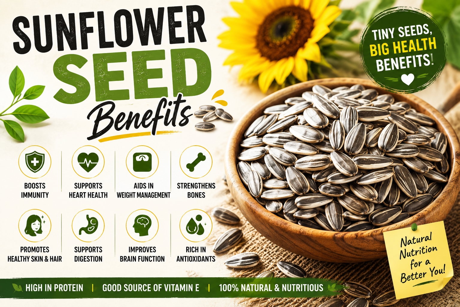 Sunflower Seed Benefits: 20 Reasons to Add Sunflower Seeds to Your Diet 1 Sunflower seed benefits with shelled sunflower seeds in a bowl and fresh sunflower.