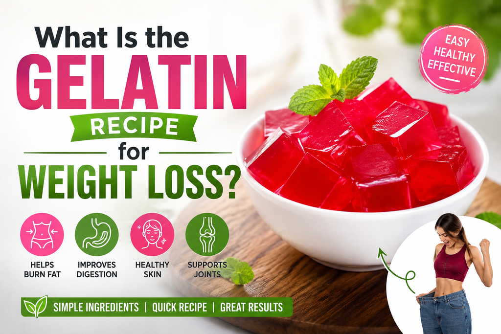 Gelatin recipe for weight loss with healthy red gelatin cubes.