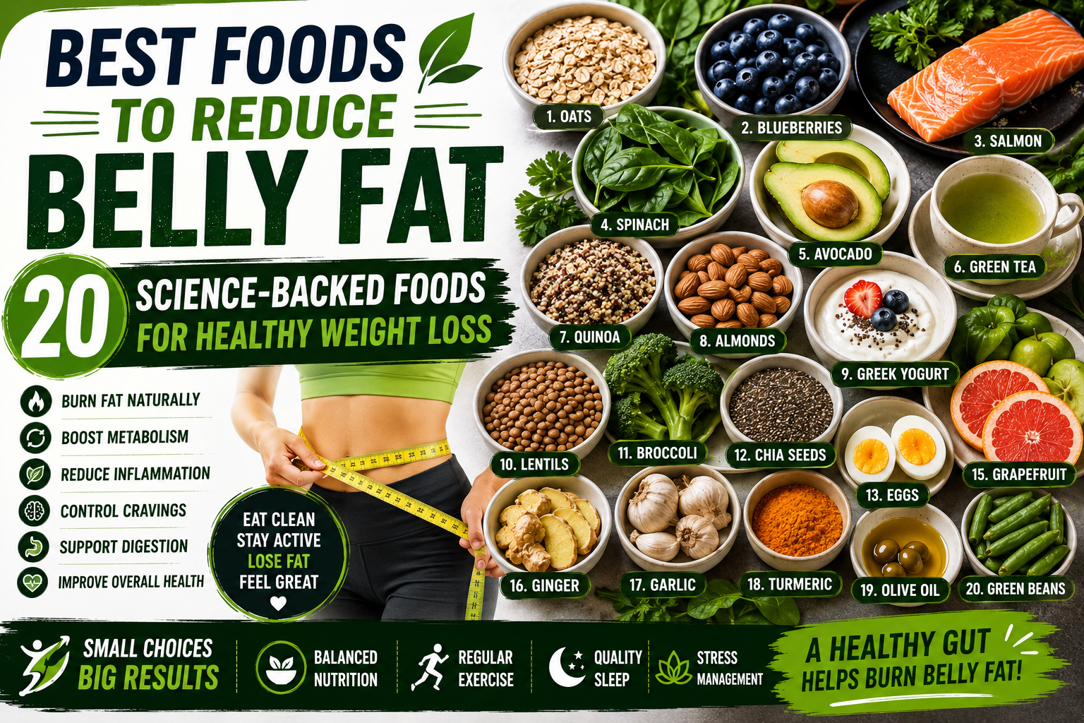 A healthy selection of foods that support weight management, including avocados, salmon, Greek yogurt, eggs, oats, berries, leafy greens, almonds, quinoa, broccoli, apples, beans, olive oil, chia seeds, and walnuts.